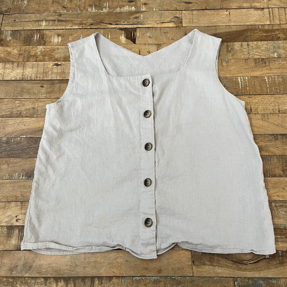 Sleeveless Linen-Blend Square Neck Button Front Top Women's XL